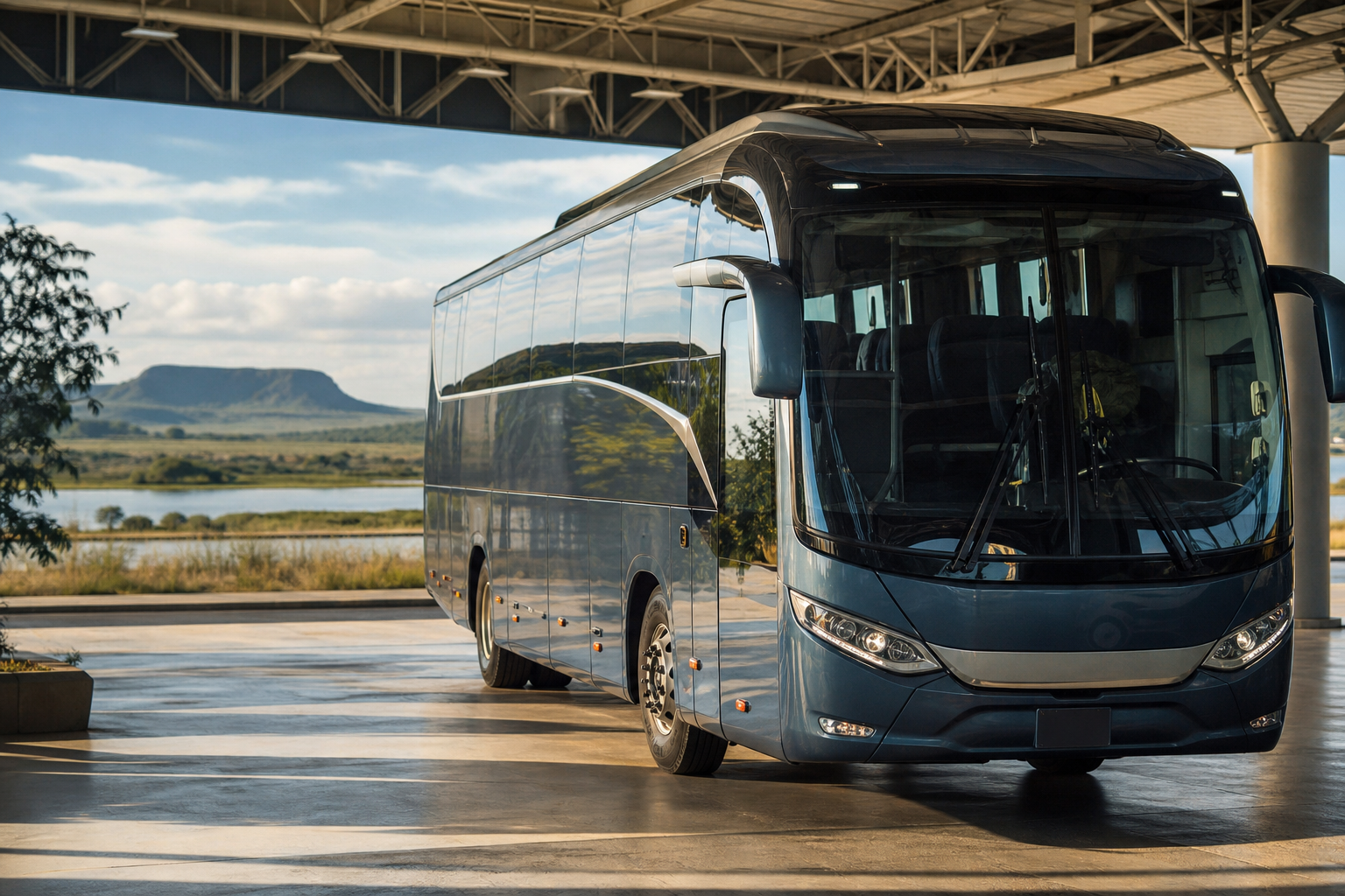 Ônibus rodoviário em terminal de passageiros de Corumbá, em referência ao transporte interestadual para o Paraná