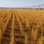 Lavoura de trigo em área agrícola do Cerrado sob céu seco, com sistema de irrigação ao fundo e composição sem textos