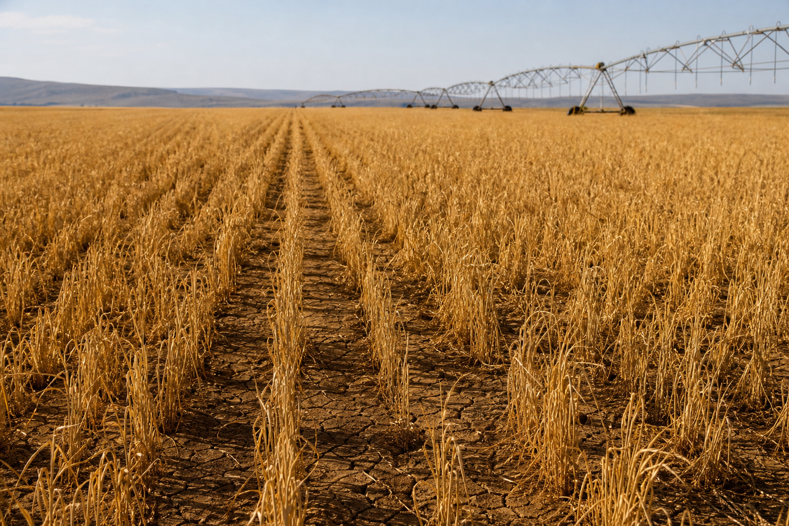 Lavoura de trigo em área agrícola do Cerrado sob céu seco, com sistema de irrigação ao fundo e composição sem textos
